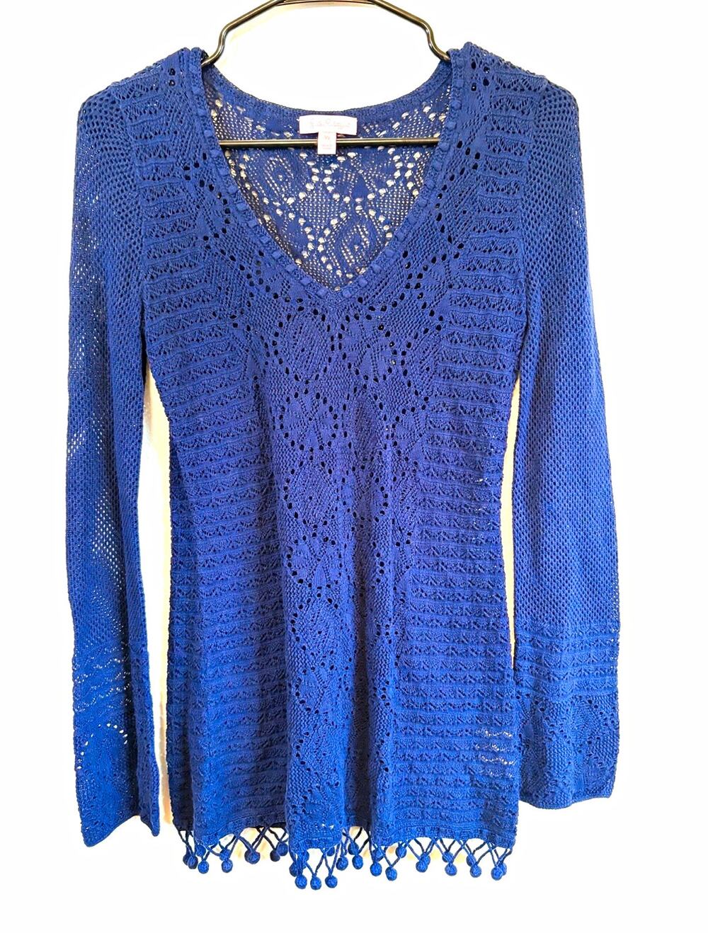 Lilly Pulitzer Navy Crochet Open Knit Sweater Pom Pom Hem Womens XS